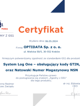 Certyfikat GS1 dla Optidata